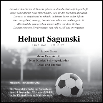 Traueranzeige von Helmut Sagunski von Müritz-Zeitung