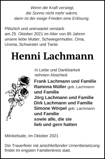 Traueranzeige von Henni Lachmann von Haff-Zeitung