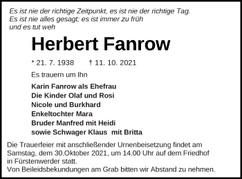 Traueranzeige von Herbert Fanrow von Prenzlauer Zeitung