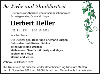 Traueranzeige von Herbert Heller von Vorpommern Kurier