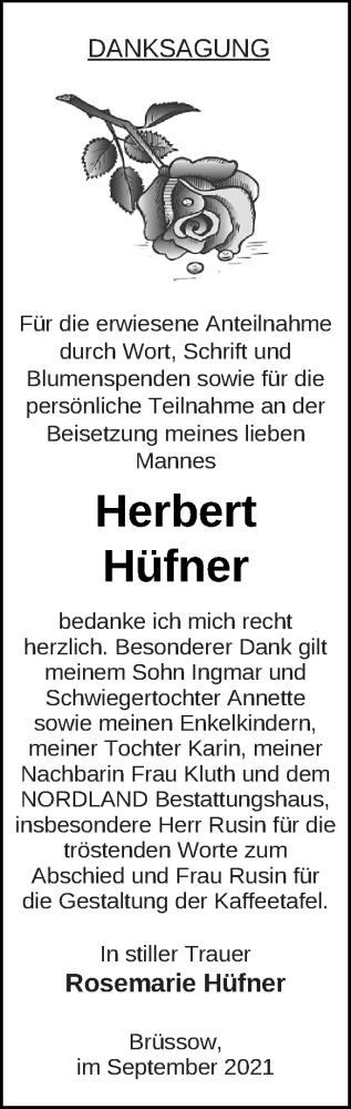 Traueranzeige von Herbert Hüfner von Prenzlauer Zeitung