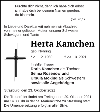 Traueranzeige von Herta Kamchen von Pasewalker Zeitung