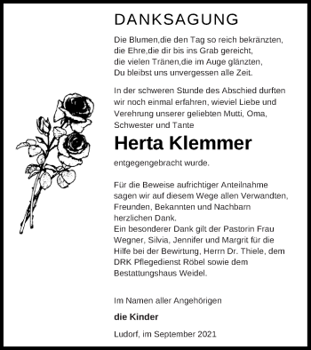 Traueranzeige von Herta Klemmer von Müritz-Zeitung