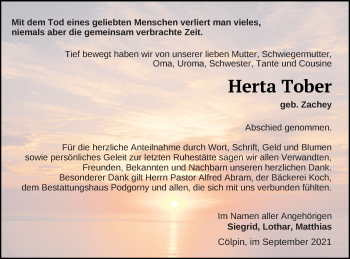 Traueranzeige von Herta Tober von Neubrandenburger Zeitung