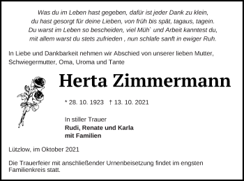 Traueranzeige von Herta Zimmermann von Prenzlauer Zeitung