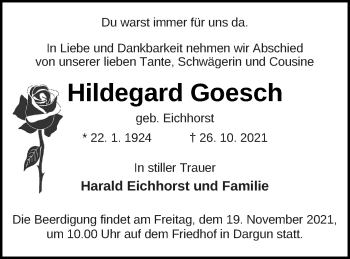 Traueranzeige von Hildegard Goesch von Mecklenburger Schweiz