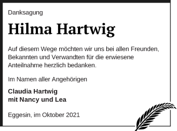 Traueranzeige von Hilma Hartwig von Haff-Zeitung