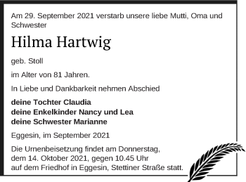 Traueranzeige von Hilma Hartwig von Haff-Zeitung