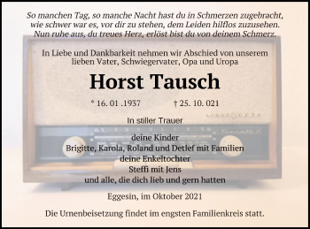 Traueranzeige von Horst Tausch von Haff-Zeitung