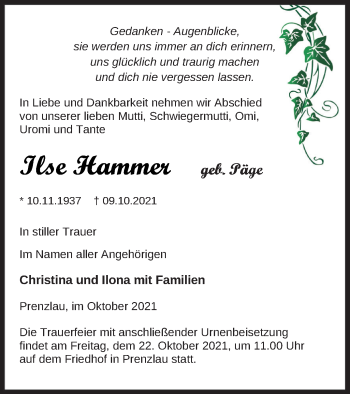 Traueranzeige von Ilse Hammer von Prenzlauer Zeitung