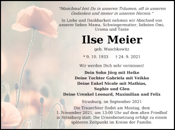 Traueranzeige von Ilse Meier von Pasewalker Zeitung