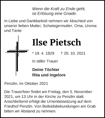 Traueranzeige von Ilse Pietsch von Müritz-Zeitung