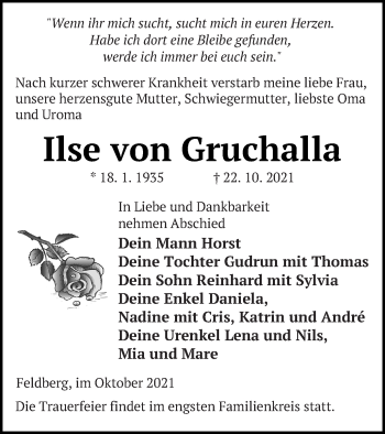 Traueranzeige von Ilse von Gruchalla von Mecklenburger Schweiz