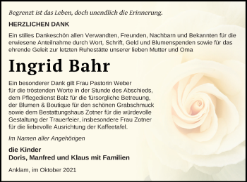 Traueranzeige von Ingrid Bahr von Vorpommern Kurier