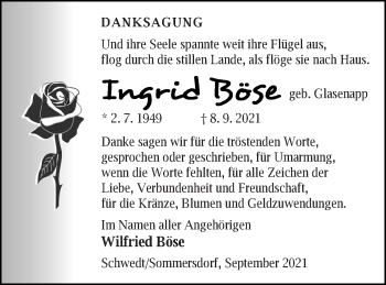 Traueranzeige von Ingrid Böse von Pasewalker Zeitung