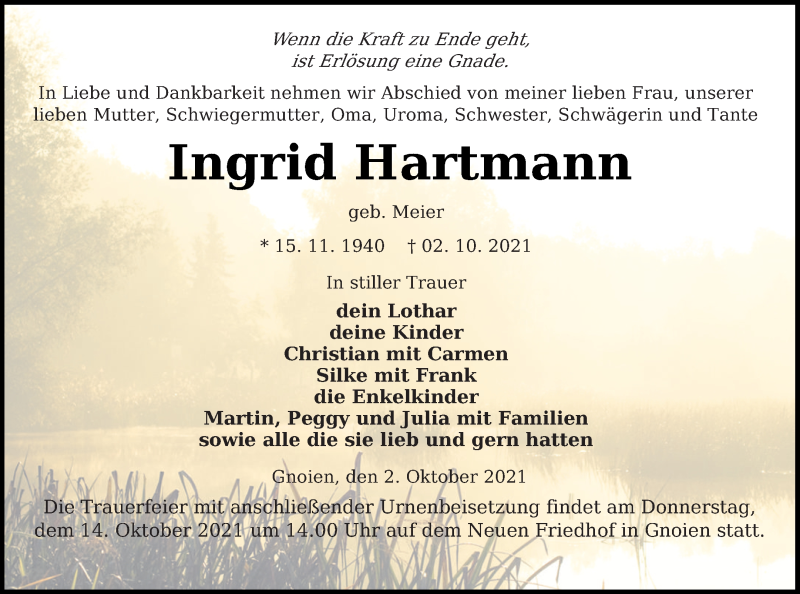  Traueranzeige für Ingrid Hartmann vom 08.10.2021 aus Mecklenburger Schweiz