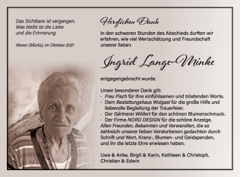 Traueranzeige von Ingrid Lange-Minke von Müritz-Zeitung