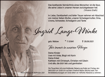 Traueranzeige von Ingrid Lanjge-Minke von Müritz-Zeitung