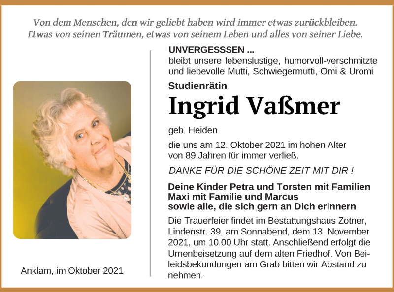  Traueranzeige für Ingrid Vaßmer vom 16.10.2021 aus Vorpommern Kurier