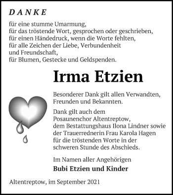 Traueranzeige von Irma Etzien von Neubrandenburger Zeitung