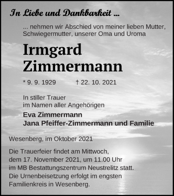 Traueranzeige von Irmgard Zimmermann von Strelitzer Zeitung