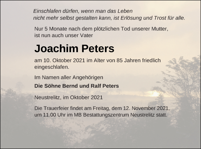  Traueranzeige für Joachim Peters vom 16.10.2021 aus Strelitzer Zeitung