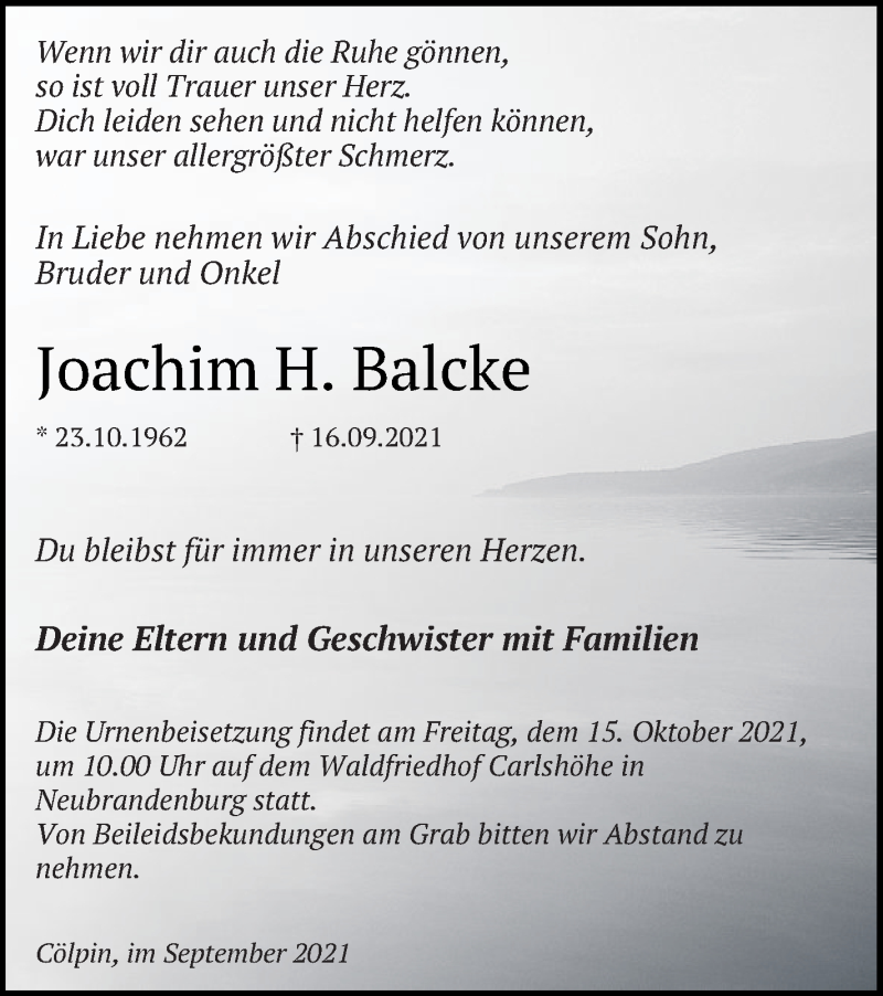  Traueranzeige für Joachim H. Balcke vom 01.10.2021 aus Neubrandenburger Zeitung