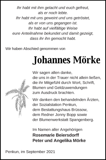 Traueranzeige von Johannes Mörke von Pasewalker Zeitung