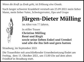 Traueranzeige von Jürgen-Dieter Mülling von Pasewalker Zeitung