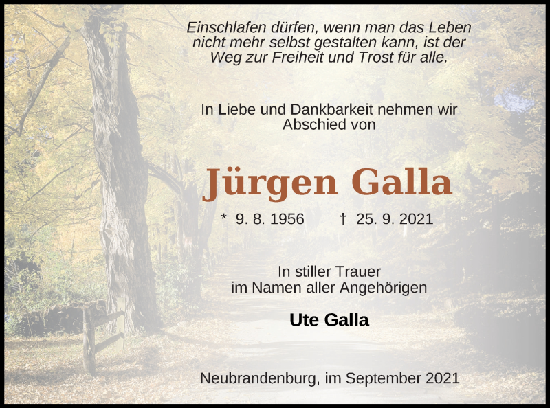  Traueranzeige für Jürgen Galla vom 01.10.2021 aus Neubrandenburger Zeitung