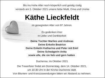 Traueranzeige von Käthe Lieckfeldt von Vorpommern Kurier