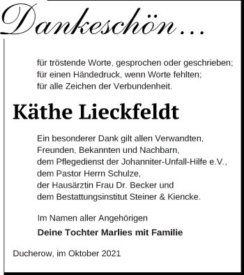 Traueranzeige von Käthe Lieckfeldt von Vorpommern Kurier