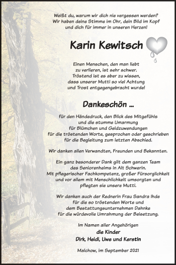 Traueranzeige von Karin Kewitsch von Müritz-Zeitung