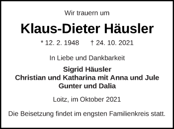 Traueranzeige von Klaus-Dieter Häusler von Vorpommern Kurier