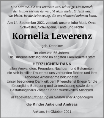 Traueranzeige von Kornelia Lewerenz von Vorpommern Kurier