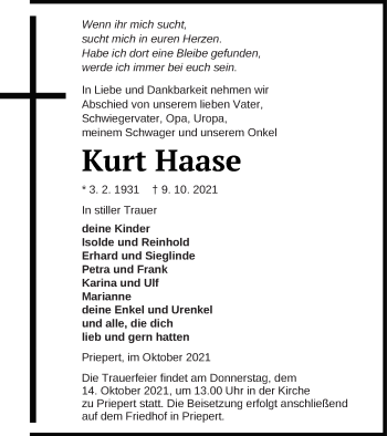 Traueranzeige von Kurt Haase von Strelitzer Zeitung