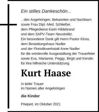 Traueranzeige von Kurt Haase von Strelitzer Zeitung