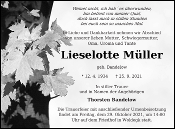 Traueranzeige von Lieselotte Müller von Strelitzer Zeitung