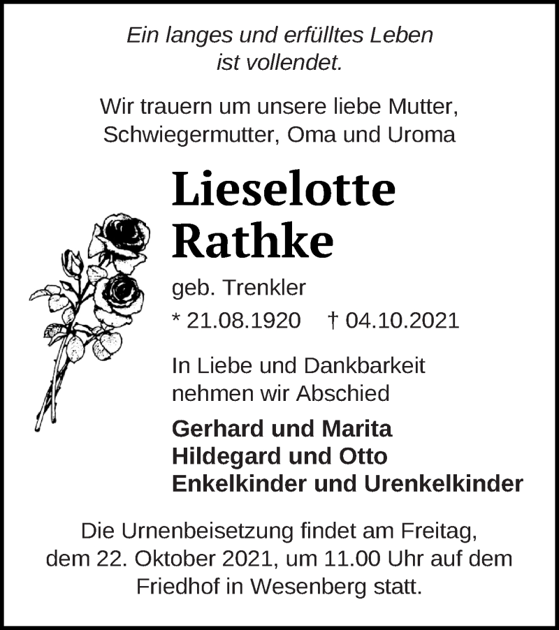  Traueranzeige für Lieselotte Rathke vom 15.10.2021 aus Strelitzer Zeitung
