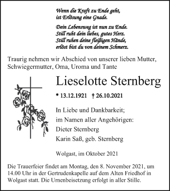 Traueranzeige von Lieselotte Sternberg von Mecklenburger Schweiz