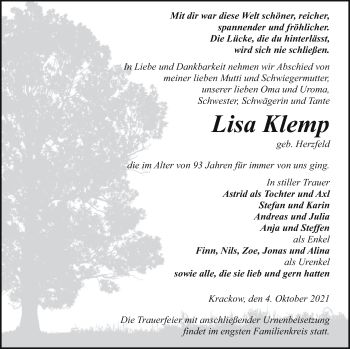 Traueranzeige von Lisa Klemp von Pasewalker Zeitung