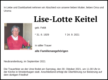 Traueranzeige von Lise-Lotte Keitel von Müritz-Zeitung