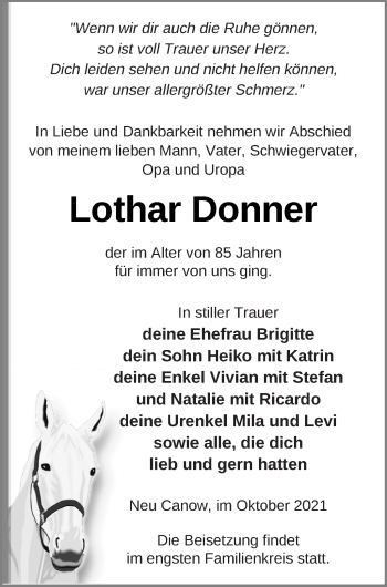 Traueranzeige von Lothar Donner von Strelitzer Zeitung