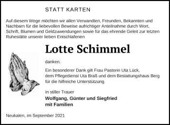 Traueranzeige von Lotte Schimmel von Mecklenburger Schweiz