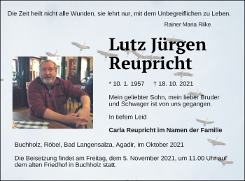 Traueranzeige von Lutz Jürgen Reupricht von Müritz-Zeitung