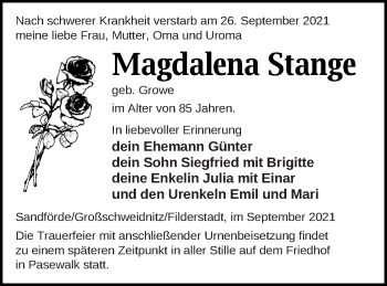 Traueranzeige von Magdalena Stange von Pasewalker Zeitung