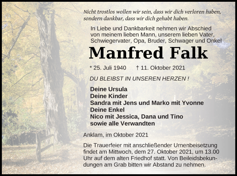  Traueranzeige für Manfred Falk vom 16.10.2021 aus Vorpommern Kurier