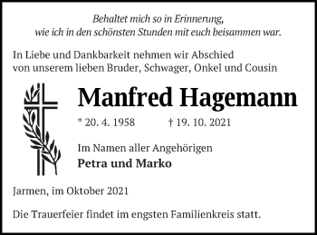 Traueranzeige von Manfred Hagemann von Vorpommern Kurier