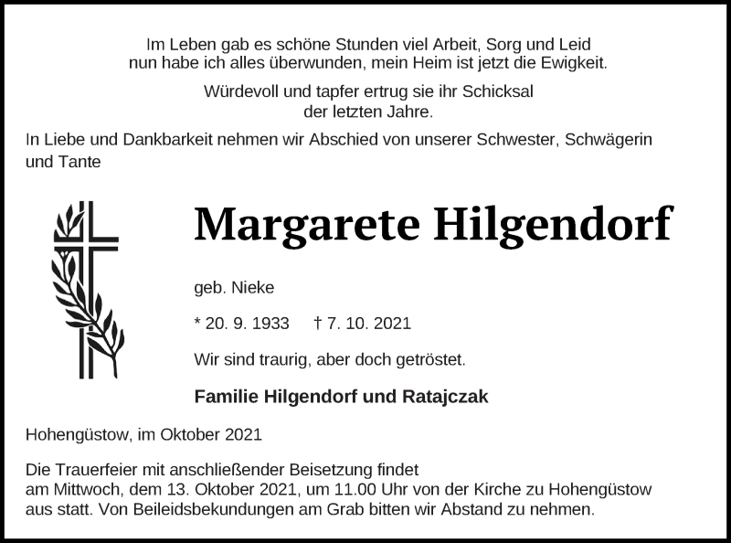  Traueranzeige für Margarete Hilgendorf vom 12.10.2021 aus Prenzlauer Zeitung