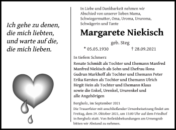 Traueranzeige von Margarete Niekisch von Pasewalker Zeitung